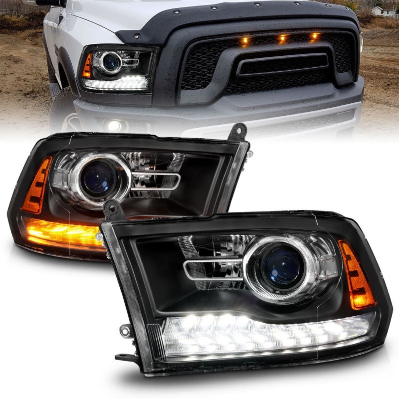 ANZO 09-18 Dodge Ram 1500/2500/3500 LED Plank Style Headlights Switchback + Sequential – Matte Black