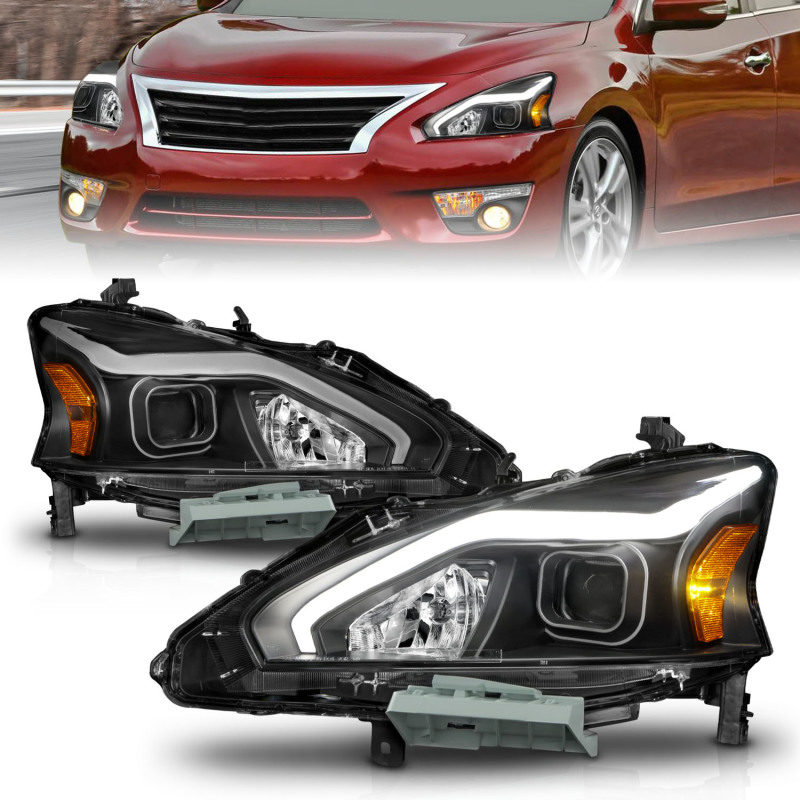 ANZO 13-15 Nissan Altima (w/o Factory HID Bulbs) Projector Headlights – w/ Light Bar Black Housing