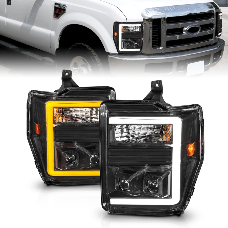 ANZO 08-10 Ford F-250 – F-550 Super Duty Projector Headlights w/ Light Bar Switchback Black Housing