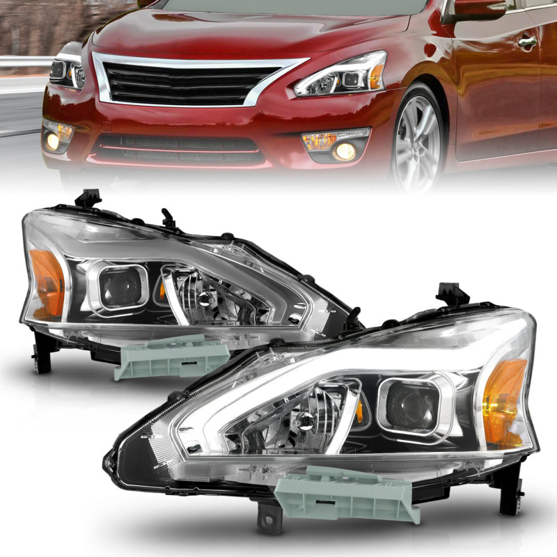 ANZO 13-15 Nissan Altima (w/o Factory HID Bulbs) Projector Headlights – w/ Light Bar Chrome Housing