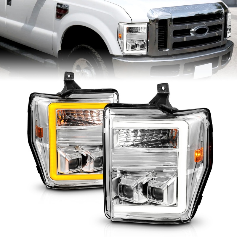 ANZO 08-10 Ford F-250 – F-550 Super Duty Projector Headlights w/ Light Bar Switchback Chrome Housing