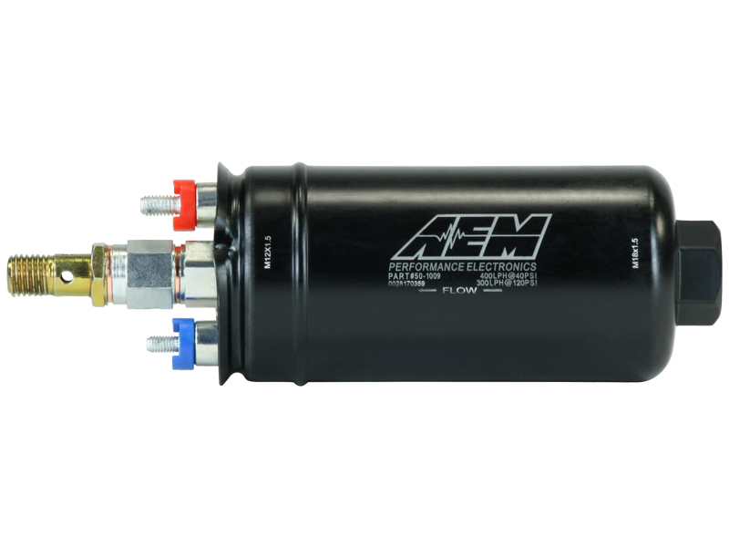 AEM 400LPH High Pressure Inline Fuel Pump – M18x1.5 Female Inlet to M12x1.5 Male Outlet
