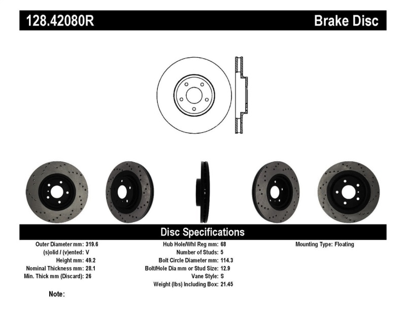 StopTech 08-09 Infiniti EX35 / 05-08 G35 / 09 G37 / 06-09 M35/M45 Drilled Right Front Rotor